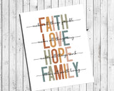 FAITH, Love, Hope, FAMILY 8x10 Typography Print, Instant Download Wall Art, Inspirational Wall Decor, DIY