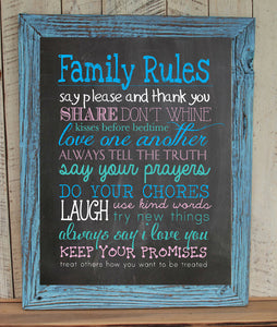 FAMILY RULES 8x10 Typography Art Print, Rustic Look Faux Chalkboard - J & S Graphics