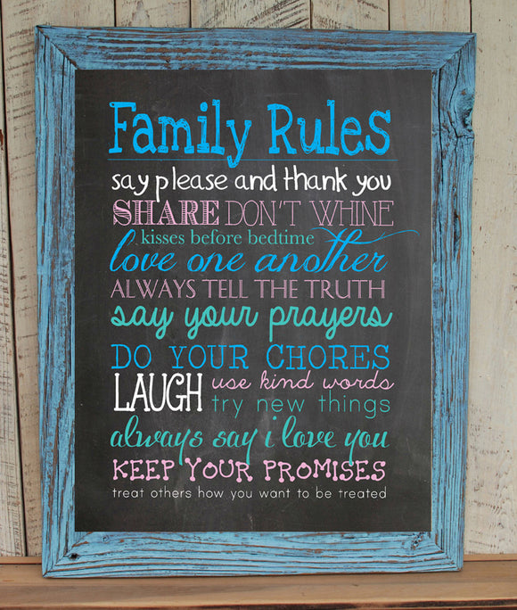 FAMILY RULES 8x10 Typography Art Print, Rustic Look Faux Chalkboard - J & S Graphics
