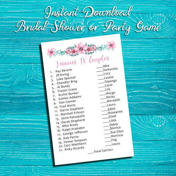 FAMOUS TV COUPLES Shower GAME, Instant Download, Bridal / Wedding Shower Game, Home Parties - J & S Graphics