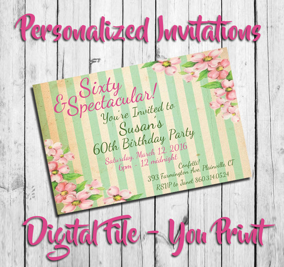 Printable Striped Floral Birthday Invitation, Personalized Peach Blossoms - DIGITAL FILE - J & S Graphics
