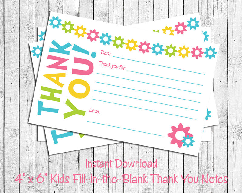 Children's THANK YOU Note CARDS, Digital Printable, Cute Flowers