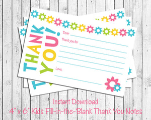 Children's THANK YOU Note CARDS, Digital Printable, Cute Flowers - J & S Graphics