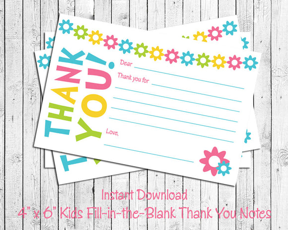 Children's THANK YOU Note CARDS, Digital Printable, Cute Flowers - J & S Graphics