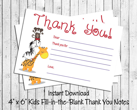 Children's THANK YOU Note CARDS, Digital Printable, Giraffe, Monkey & Zebra - J & S Graphics