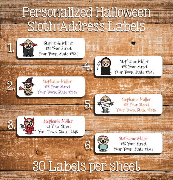Personalized HALLOWEEN SLOTHS Return Address LABELS, Party Labels, Sloth - J & S Graphics