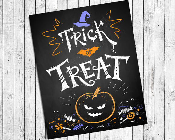 Happy Halloween TRICK or TREAT Instant Download Wall Decoration 8x10 Typography Art Print Faux Chalkboard - J & S Graphics