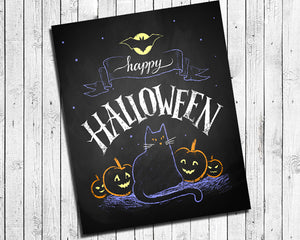 Happy Halloween Black Cat and Full Moon Wall Decoration 8x10 Typography Art Print - J & S Graphics