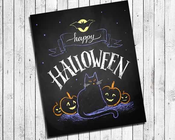 Happy Halloween Black Cat and Full Moon Instant Download Wall Decoration 8x10 Typography Art Faux Chalkboard - J & S Graphics