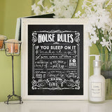 HOUSE RULES 8x10 Typography Art Print, Choice of Faux Chalkboard or White Background