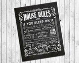 HOUSE RULES 8x10 Typography Art Print, Choice of Faux Chalkboard or White Background