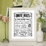 HOUSE RULES 8x10 Typography Art Print, Choice of Faux Chalkboard or White Background