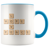 PEACE LOVE HOPE Scrabble Pieces 11oz Color Accent COFFEE MUG