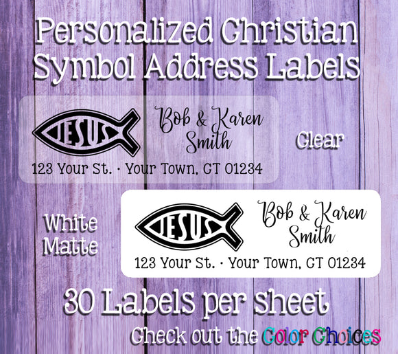 CHRISTIAN FISH Return Address Labels, White, or Clear Labels, Personalized - J & S Graphics