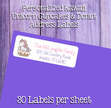 KAWAII UNICORN Cupcakes and Donut Labels, Property of, ADDRESS Labels, Sets of 30 Personalized Labels