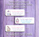 KAWAII UNICORN Cupcakes and Donut Labels, Property of, ADDRESS Labels, Sets of 30 Personalized Labels