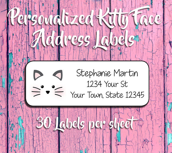 Personalized KITTY FACE Address Labels, Return Address Labels, Whiskers and Pink Cheeks - J & S Graphics
