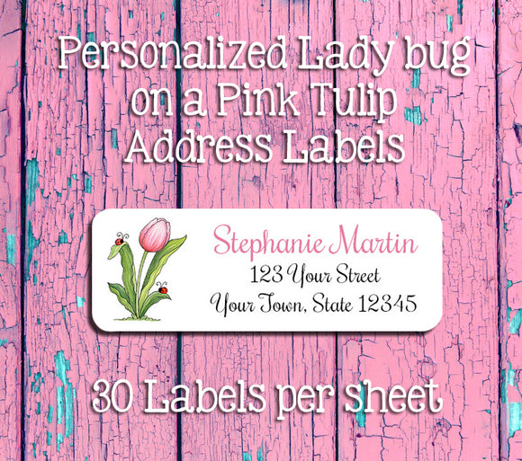 Personalized LADYBUG on a TULIP Return ADDRESS Labels, lady bug labels - J & S Graphics