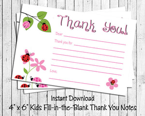 Children's THANK YOU Note CARDS, Digital Printable, Ladybugs - J & S Graphics