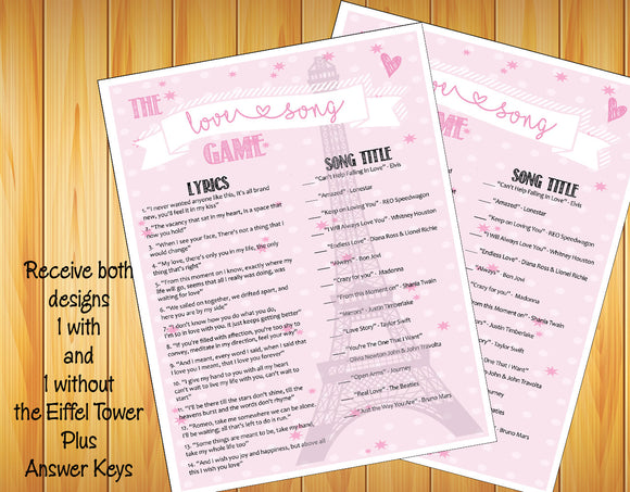 LOVE SONG Shower GAME - Instant Download - Bridal / Wedding Shower Game - Bachelorette Party Game - Any Party Game - Pink Paris Design - J & S Graphics