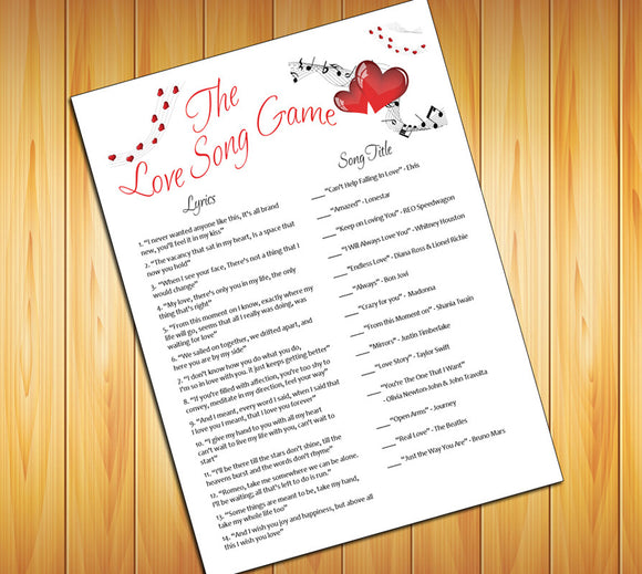 LOVE SONG Shower GAME, Instant Download Bridal / Wedding Shower Game - J & S Graphics