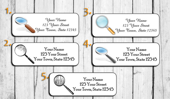 Personalized Magnifying Glass Return Address Labels, Detective, Sherlock Holmes - J & S Graphics