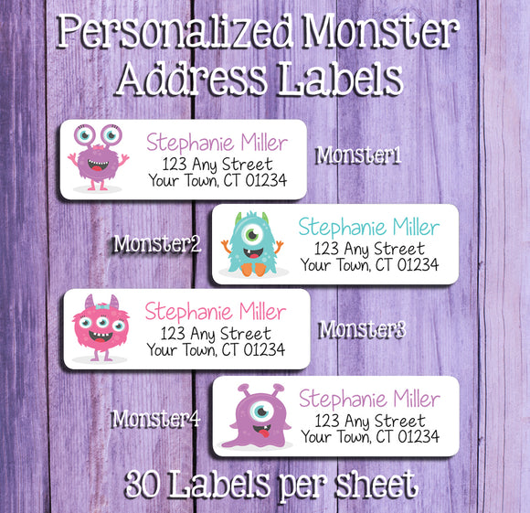 SILLY MONSTERS Personalized Return Address Labels, Sets of 30, Kids Labels - J & S Graphics