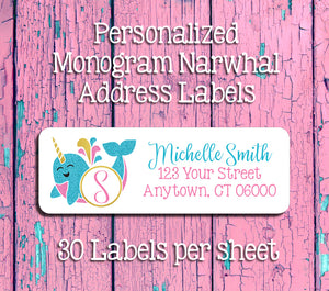 Personalized Monogram NARWHAL Address Labels, Return Address Labels, Summer, Ocean life - J & S Graphics