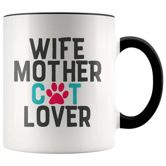 WIFE, MOTHER, CAT LOVER 11 oz White Color Accent Coffee Mug - J & S Graphics