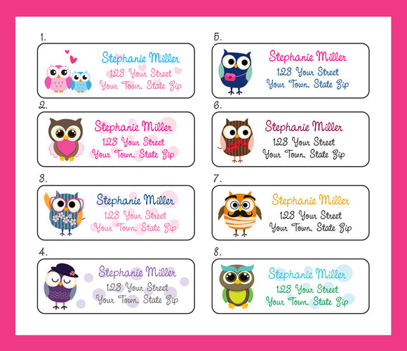 Personalized OWL Address LABELS Colorful Owls Return Address Labels - J & S Graphics