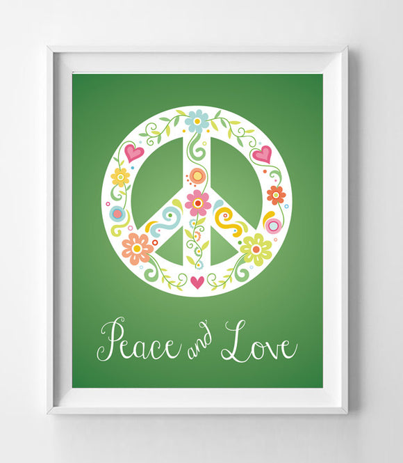Hearts and Flowers PEACE and LOVE SIGN 8x10 Wall Art INSTANT DOWNLOAD - J & S Graphics