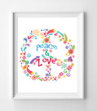 FLOWERS and HEARTS PEACE and LOVE SIGN 8x10 Wall Art INSTANT DOWNLOAD - J & S Graphics