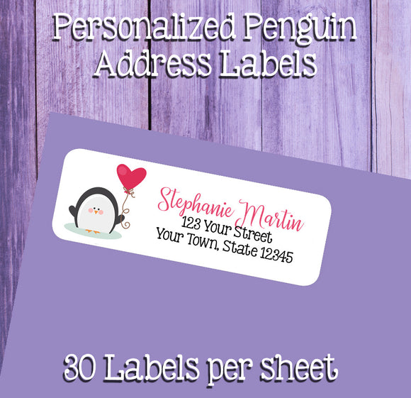 PENGUIN with Heart Balloon Address Labels, Return Address Labels, Sets of 30