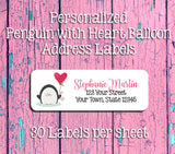 PENGUIN with Heart Balloon Address Labels, Return Address Labels, Sets of 30