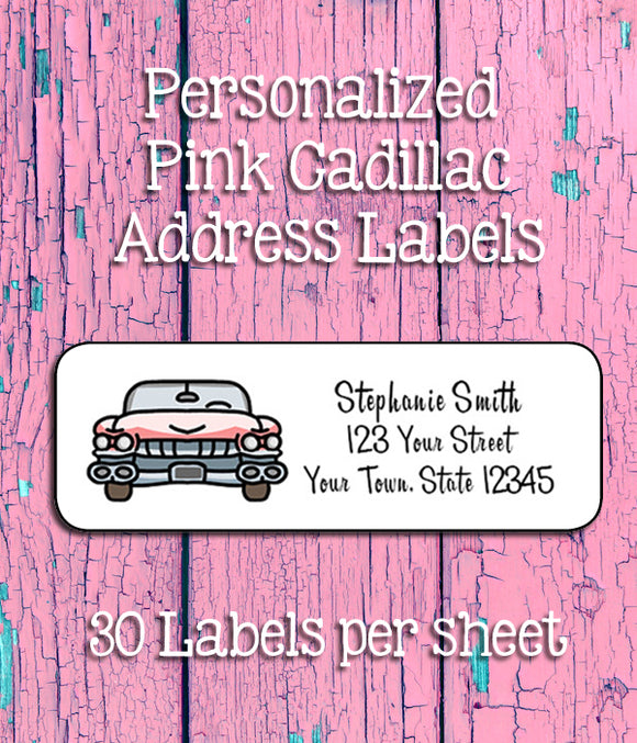 1950's PINK CADILLAC Return ADDRESS Labels, Personalized - J & S Graphics