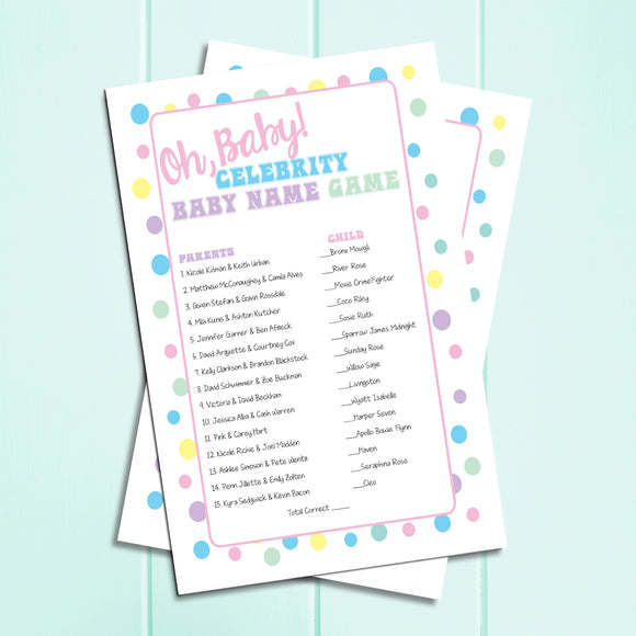 Famous BABY NAMES Shower GAME, Instant Download, Baby Shower / Sprinkle Game, Home Parties - J & S Graphics