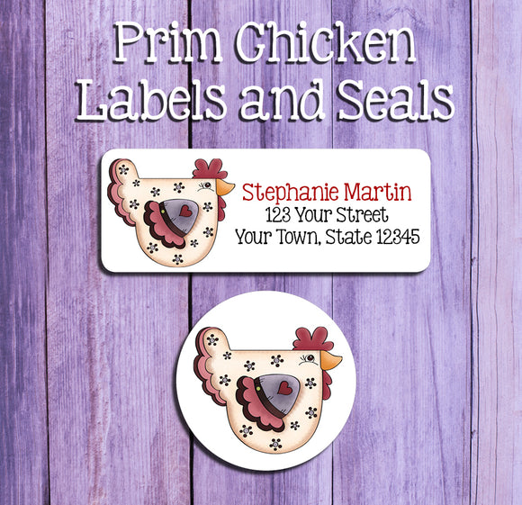 Country PRIM CHICKEN Address Labels and Matching Seals, Sets of 30, Personalized - J & S Graphics