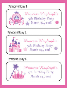 Personalized PRINCESS BIRTHDAY Party Favor Labels, Return Address Labels, Tiara, Wand, Carriage - J & S Graphics