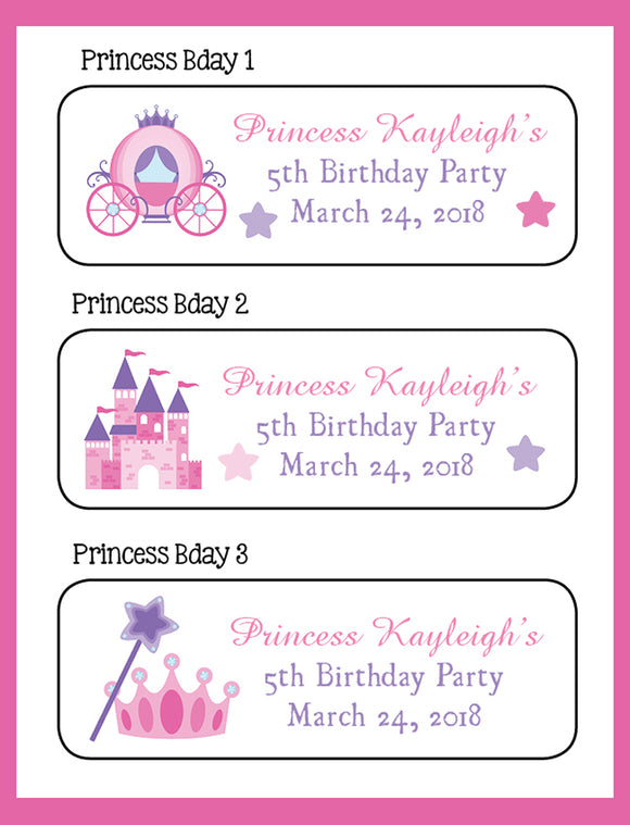 Personalized PRINCESS BIRTHDAY Party Favor Labels, Return Address Labels, Tiara, Wand, Carriage - J & S Graphics