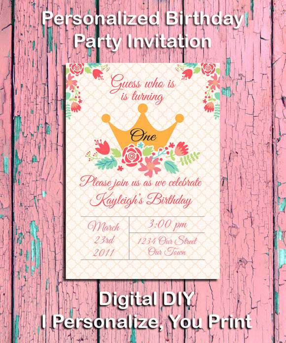 Printable PRINCESS Birthday Party Invitation, Little Girl - Personalized DIGITAL FILE - J & S Graphics