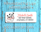 Personalized Cute PUG LOVE Address Labels, Return Address Labels, Dogs, Puppy, Pugs - J & S Graphics