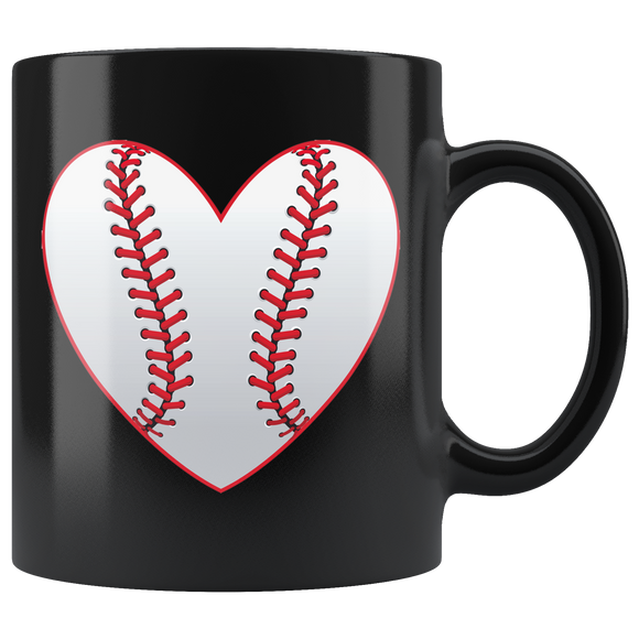 LOVE BASEBALL 11oz Black COFFEE MUG Heart Baseball