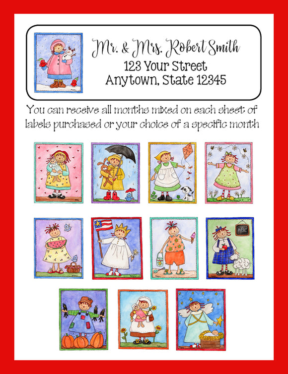 Personalized RAGGEDY DOLL Months of the Year Return Address Labels, Sets of 30, Raggedy Ann - J & S Graphics