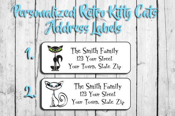 Personalized RETRO KITTY CAT Return Address Labels, Black or White Kitties - J & S Graphics