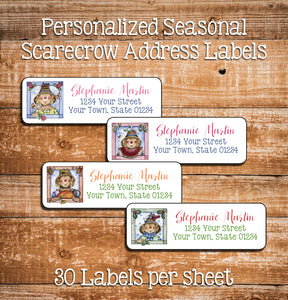 SEASONAL SCARECROWS Personalized Address Labels, Return Address Labels, Sets of 30, Spring, Summer, Fall, Winter - J & S Graphics