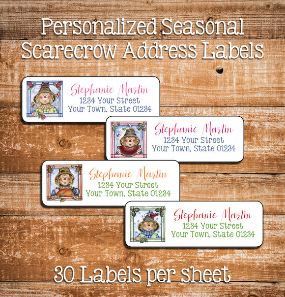 SEASONAL SCARECROWS Personalized Address Labels, Return Address Labels, Sets of 30, Spring, Summer, Fall, Winter - J & S Graphics