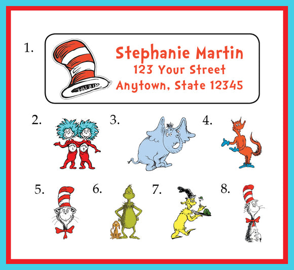 Personalized DR SEUSS Design Return ADDRESS Labels, Cat in the Hat, Fox in Socks, Grinch - J & S Graphics
