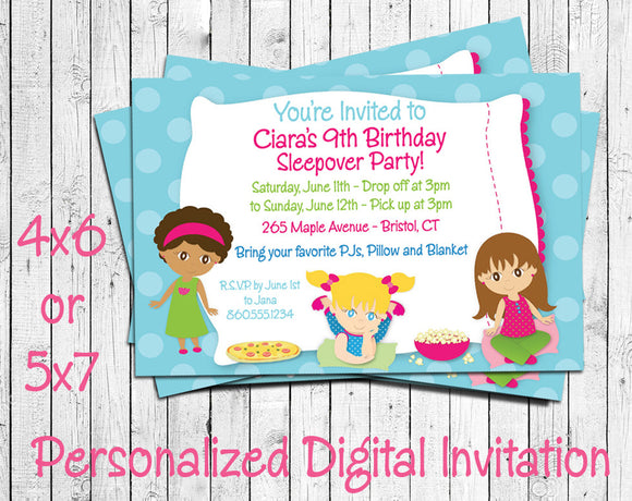 Printable Sleepover Birthday Party Invitation - Personalized DIGITAL FILE - J & S Graphics