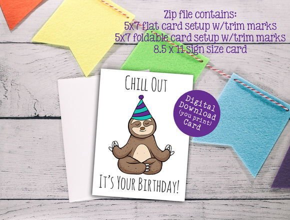SLOTH BIRTHDAY CARD, Digital Printable, Instant Download, 3 Sizes in Zip