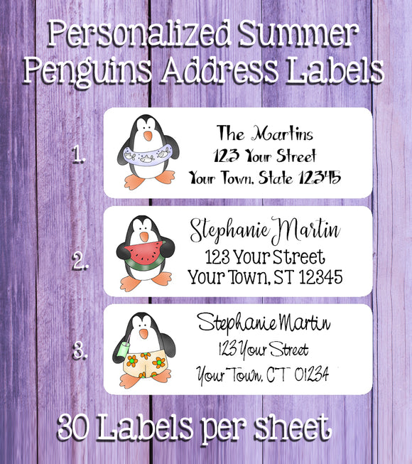 Personalized Summertime Penguins Return ADDRESS Labels - J & S Graphics